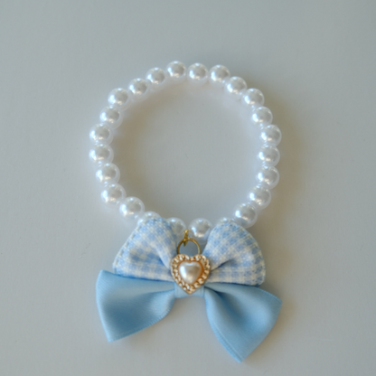Princess Pearl Pet Necklace – Blue Bow with Heart Pearl Pendant | Cute Pet Accessory