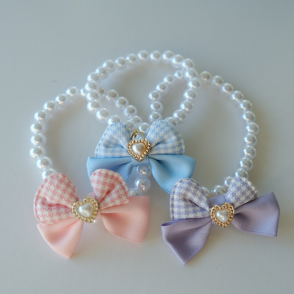 Princess Pearl Pet Necklace – Lavender Bow with Heart Charm | Pastel Pet Jewelry for Dogs & Cats
