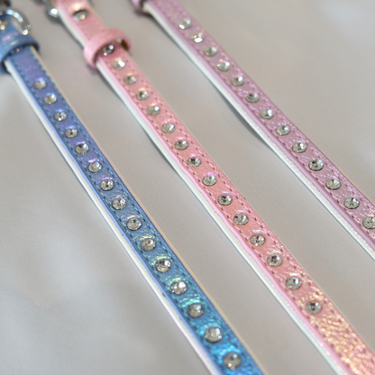 Iridescent Blue Rhinestone Dog Collar – Shiny Faux Leather with Crystals