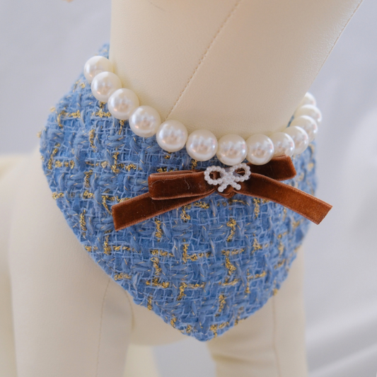 Chanel-Inspired Pearl Pet Bib – Blue Royal Style for Small Pets