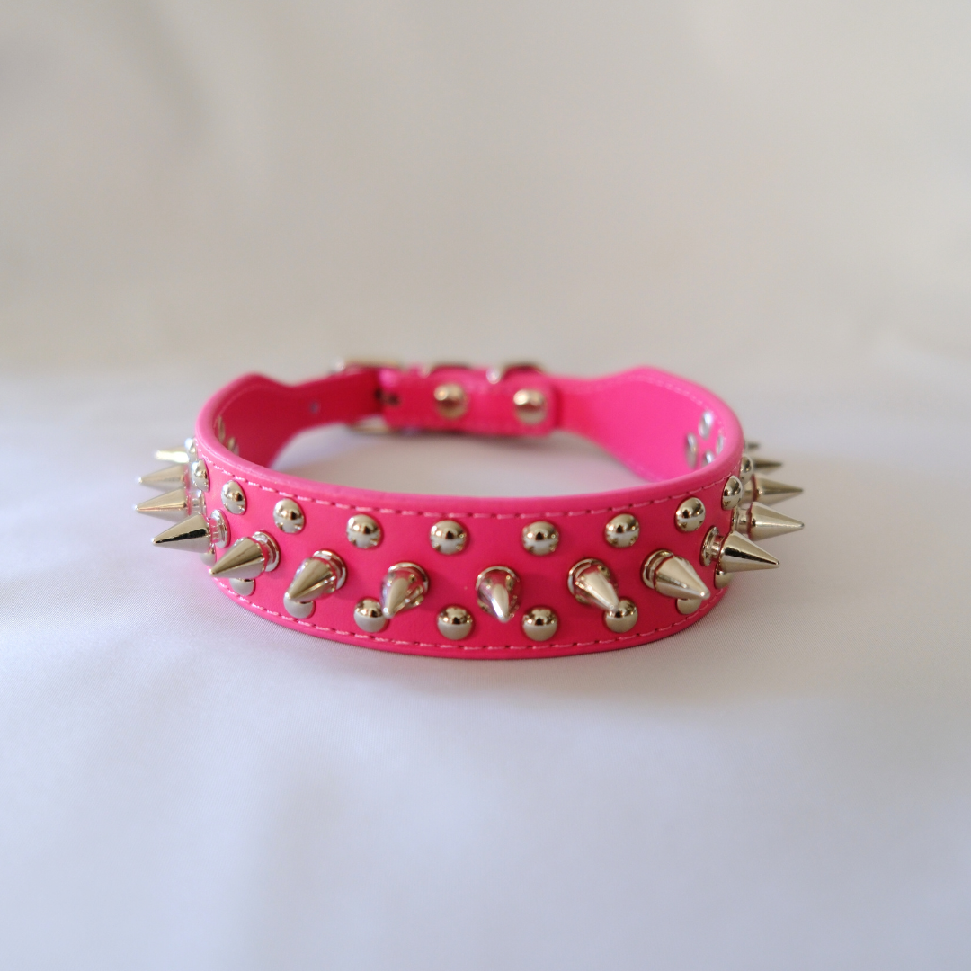 Hot Pink Spiked Dog Collar with Studs – Adjustable XXS to XXXL