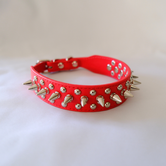Red Spiked Leather Dog Collar – Tough PU Leather, Full Size Range