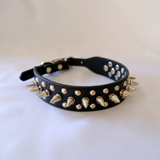 Black Leather Dog Collar with Spikes and Studs – XXS to XXXL Sizes