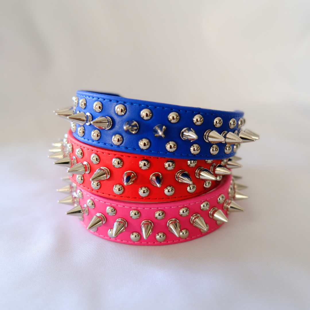 Blue Leather Dog Collar with Silver Spikes and Studs – XXS to XXXL