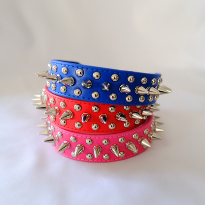 Blue Leather Dog Collar with Silver Spikes and Studs – XXS to XXXL