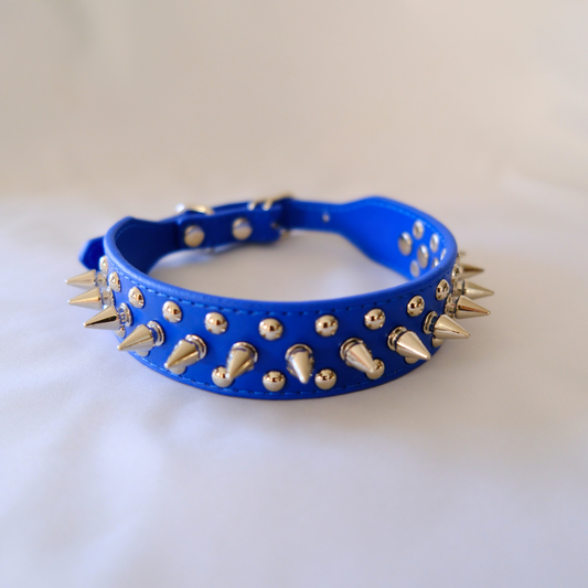 Blue Leather Dog Collar with Silver Spikes and Studs – XXS to XXXL