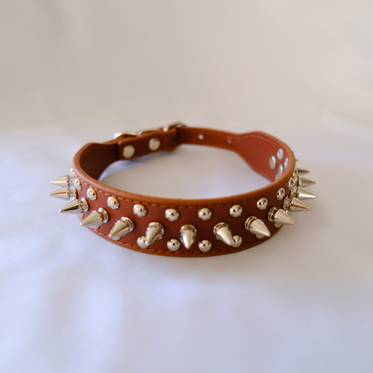 Coffee Brown Spiked Dog Collar with Metal Studs – PU Leather XXS to XXXL