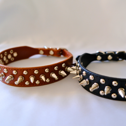 Coffee Brown Spiked Dog Collar with Metal Studs – PU Leather XXS to XXXL