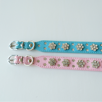 Bling Crystal Flower Dog Collar – Pink Faux Leather with Rhinestones for Glam Pups