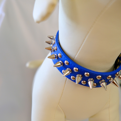 Blue Leather Dog Collar with Silver Spikes and Studs – XXS to XXXL
