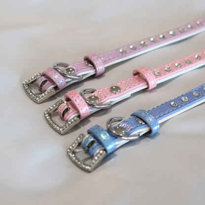 Iridescent Blue Rhinestone Dog Collar – Shiny Faux Leather with Crystals