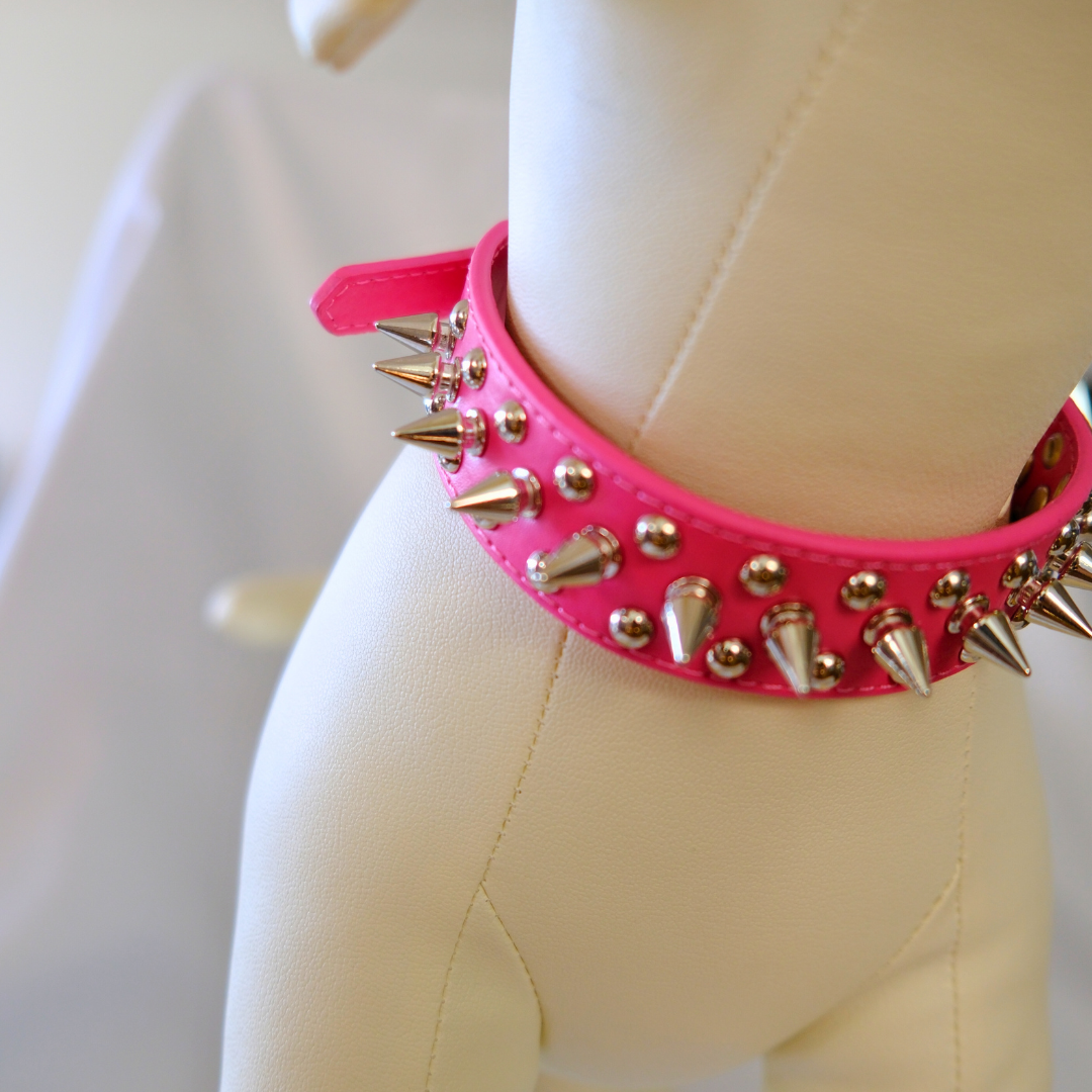 Hot Pink Spiked Dog Collar with Studs – Adjustable XXS to XXXL