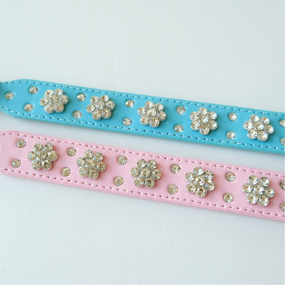 Bling Crystal Flower Dog Collar – Pink Faux Leather with Rhinestones for Glam Pups