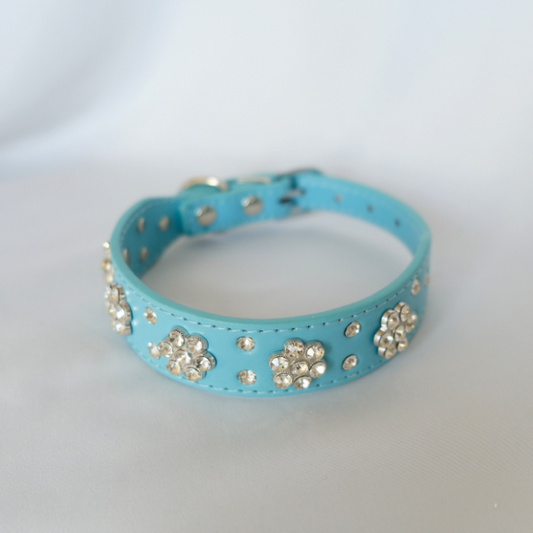 Bling Crystal Flower Dog Collar – Blue Faux Leather for Sparkly Small & Medium Dogs