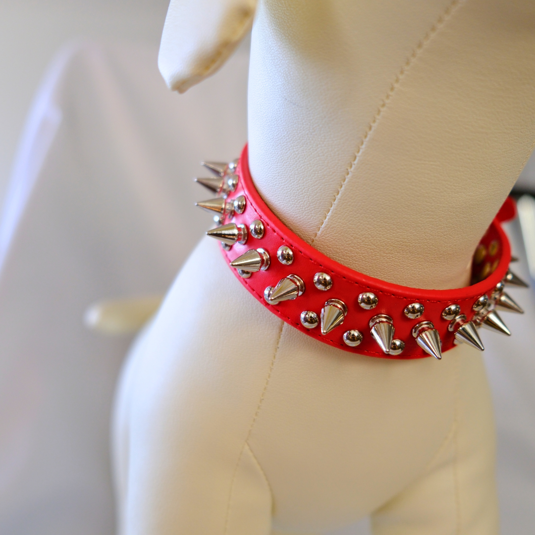 Red Spiked Leather Dog Collar – Tough PU Leather, Full Size Range