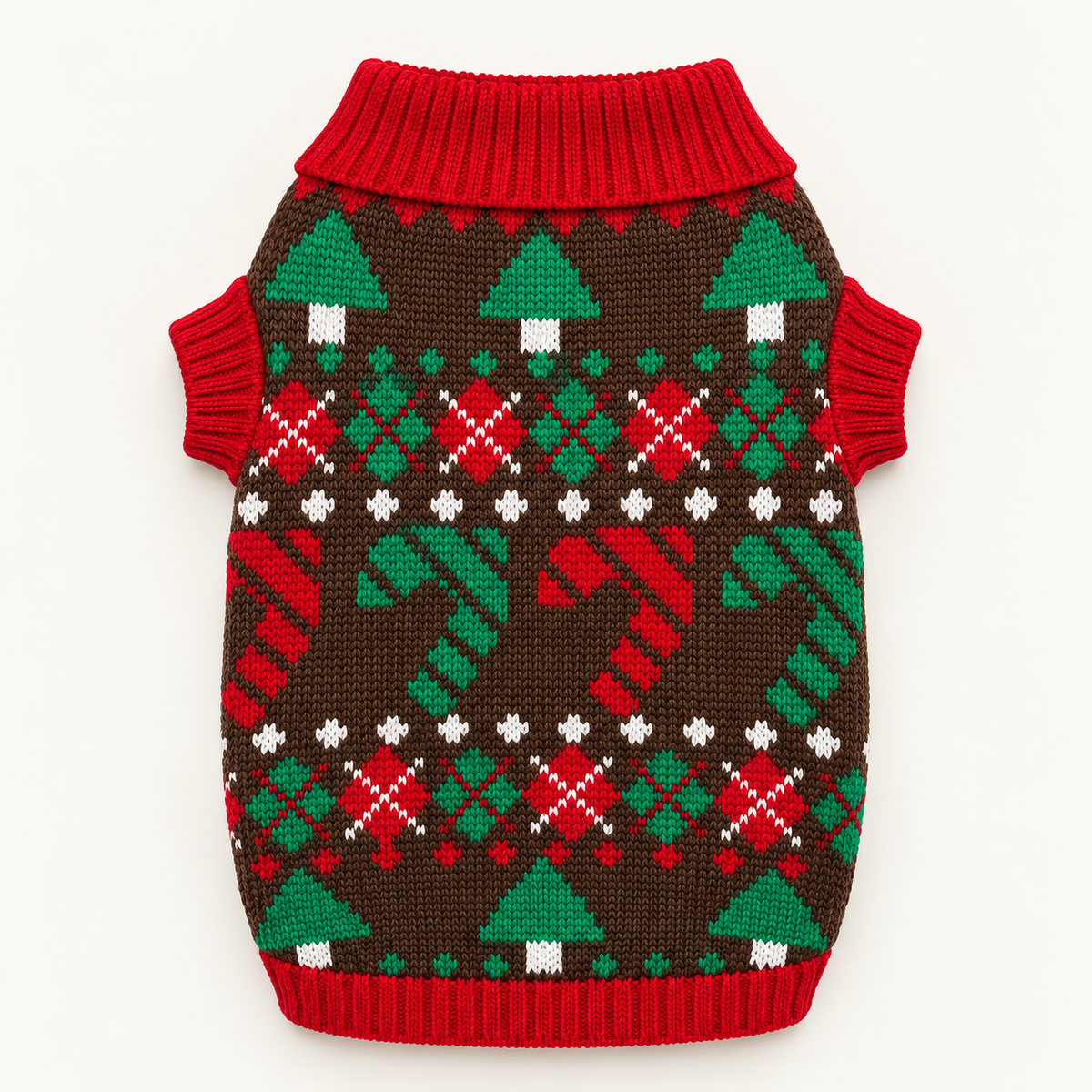 Xmas Pet Jumper - Candy Cane & Christmas Tree Brown Jumper
