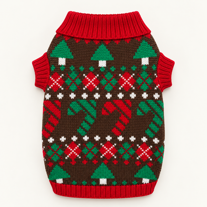 Xmas Pet Jumper - Candy Cane & Christmas Tree Brown Jumper