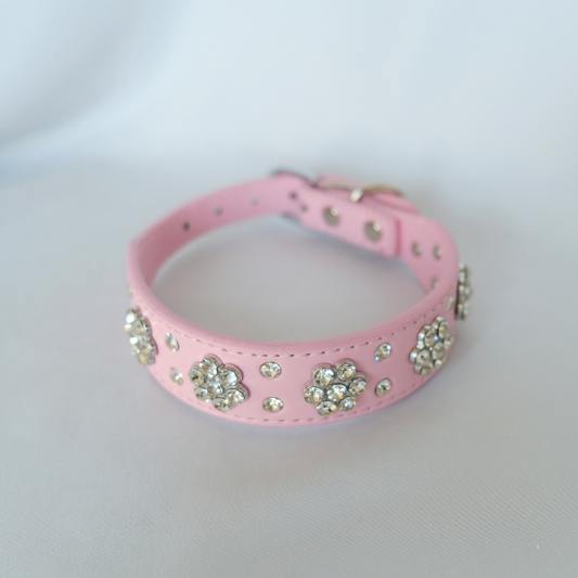 Bling Crystal Flower Dog Collar – Pink Faux Leather with Rhinestones for Glam Pups
