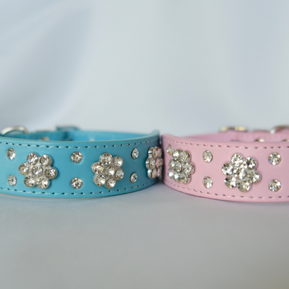 Bling Crystal Flower Dog Collar – Pink Faux Leather with Rhinestones for Glam Pups