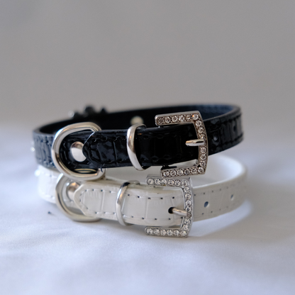 🤍 White Skull Charm Pet Collar – Faux Croc Leather with Rhinestones