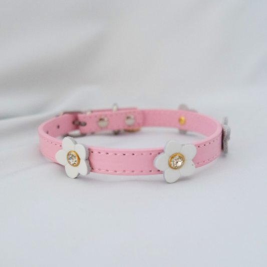 Sweet Pink Dog Collar with White Flower Details – XS/S/M Sizes