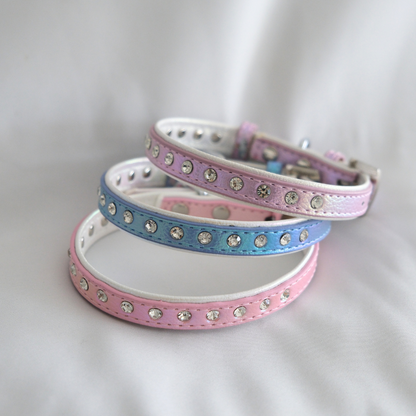Iridescent Blue Rhinestone Dog Collar – Shiny Faux Leather with Crystals