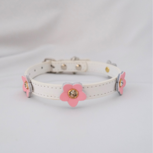 Elegant White Dog Collar with Pink Floral Accents – XS/S/M Sizes