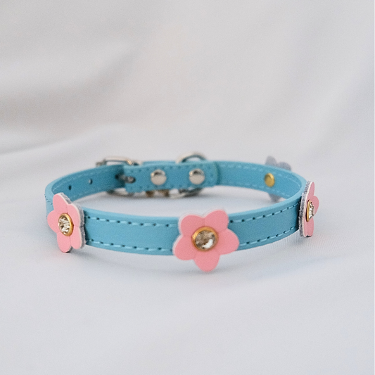 Chic Blue Dog Collar with Pink Flower Charms – XS/S/M Sizes
