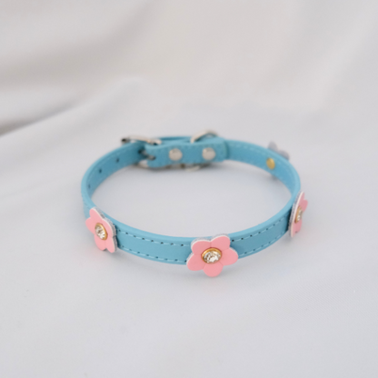 Chic Blue Dog Collar with Pink Flower Charms – XS/S/M Sizes