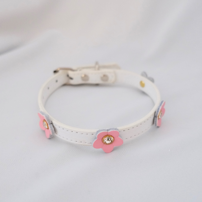 Elegant White Dog Collar with Pink Floral Accents – XS/S/M Sizes