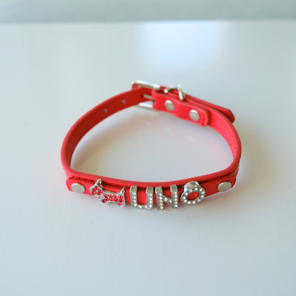 Custom DIY Dog Collar with Rhinestone Buckle – Adjustable Flat PU Leather in Red, Blue, and Pink – 4 Sizes