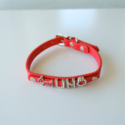Custom DIY Dog Collar with Rhinestone Buckle – Adjustable Flat PU Leather in Red, Blue, and Pink – 4 Sizes