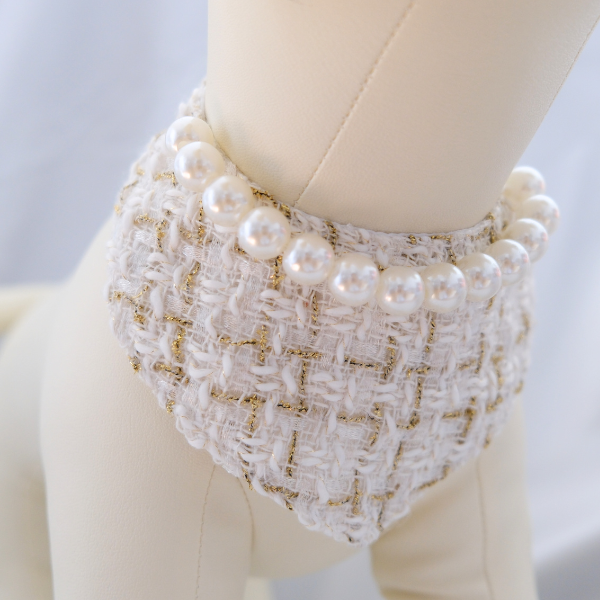 Chanel-Inspired Pearl Pet Bib – Cream Bouclé Elegance for Small Pets