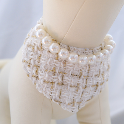 Chanel-Inspired Pearl Pet Bib – Cream Bouclé Elegance for Small Pets