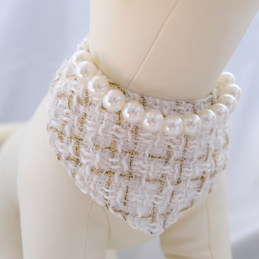 Chanel-Inspired Pearl Pet Bib – Cream Bouclé Elegance for Small Pets