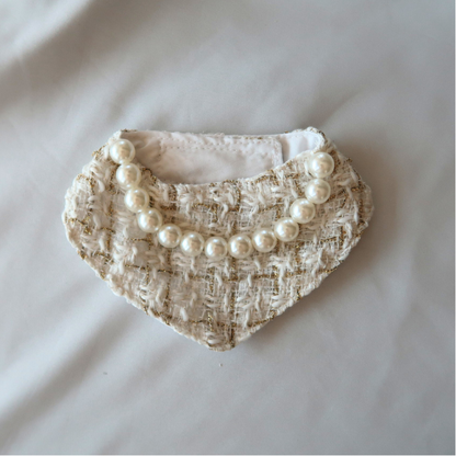 Chanel-Inspired Pearl Pet Bib – Cream Bouclé Elegance for Small Pets