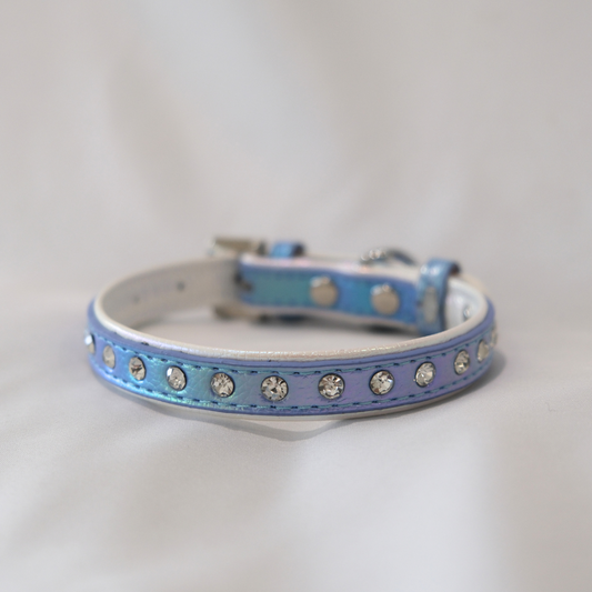 Iridescent Blue Rhinestone Dog Collar – Shiny Faux Leather with Crystals