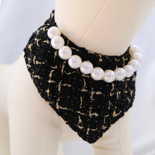 Chanel-Inspired Pearl Pet Bib – Black Classic Tweed for Stylish Pets
