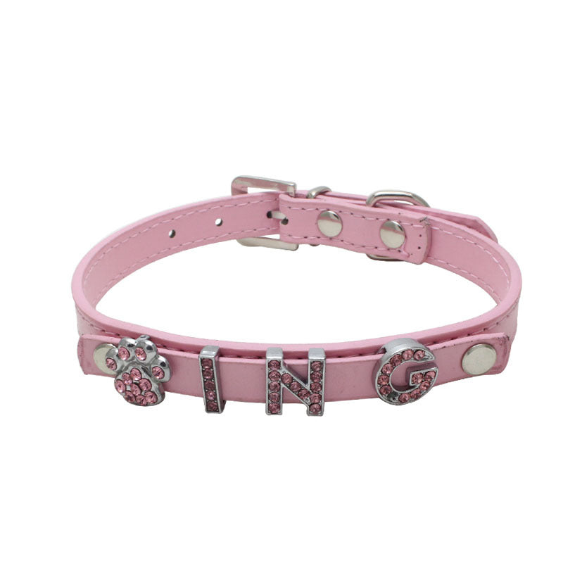 Custom DIY Dog Collar with Rhinestone Buckle – Adjustable Flat PU Leather in Red, Blue, and Pink – 4 Sizes