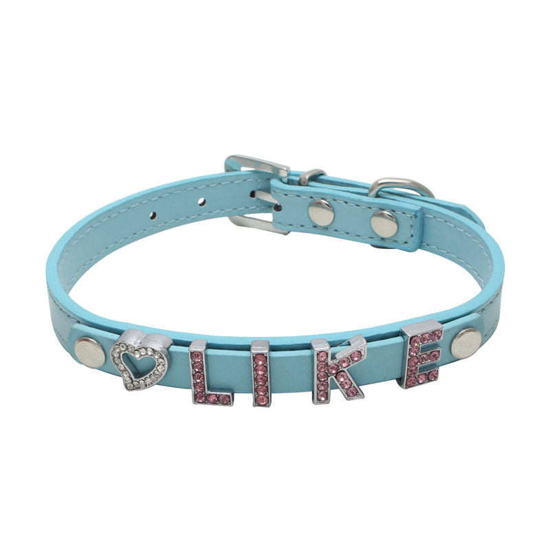 Custom DIY Dog Collar with Rhinestone Buckle – Adjustable Flat PU Leather in Red, Blue, and Pink – 4 Sizes