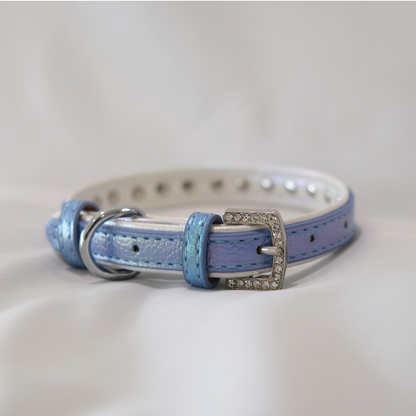 Iridescent Blue Rhinestone Dog Collar – Shiny Faux Leather with Crystals
