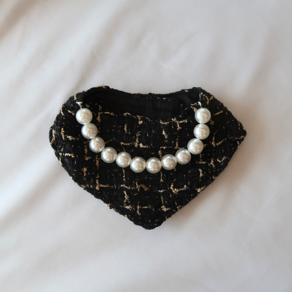 Chanel-Inspired Pearl Pet Bib – Black Classic Tweed for Stylish Pets