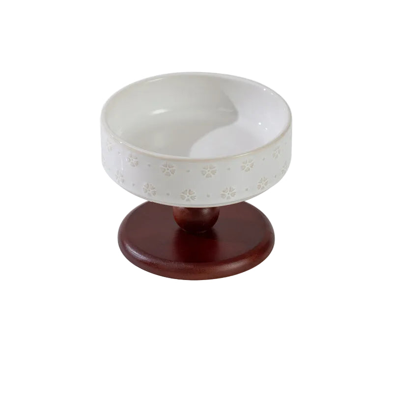 Snowflake Ceramic Pet Bowl with Wooden Base – Red Wood (Low Profile)