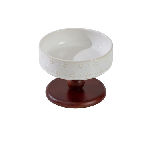 Snowflake Ceramic Pet Bowl with Wooden Base – Red Wood (Low Profile)