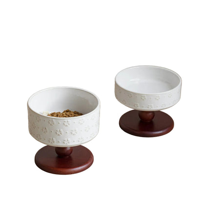 Snowflake Ceramic Pet Bowl with Wooden Base – Red Wood (Low Profile)