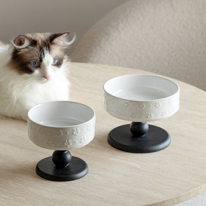 Snowflake Ceramic Pet Bowl with Wooden Base – Black Wood (Low Profile)