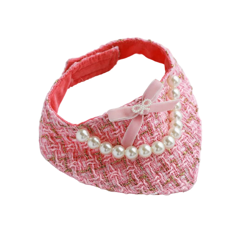 Chanel-Inspired Pearl Pet Bib – Pink Elegance for Small Dogs & Cats