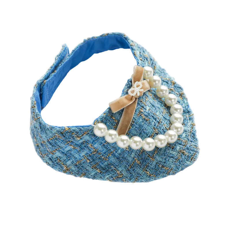 Chanel-Inspired Pearl Pet Bib – Blue Royal Style for Small Pets