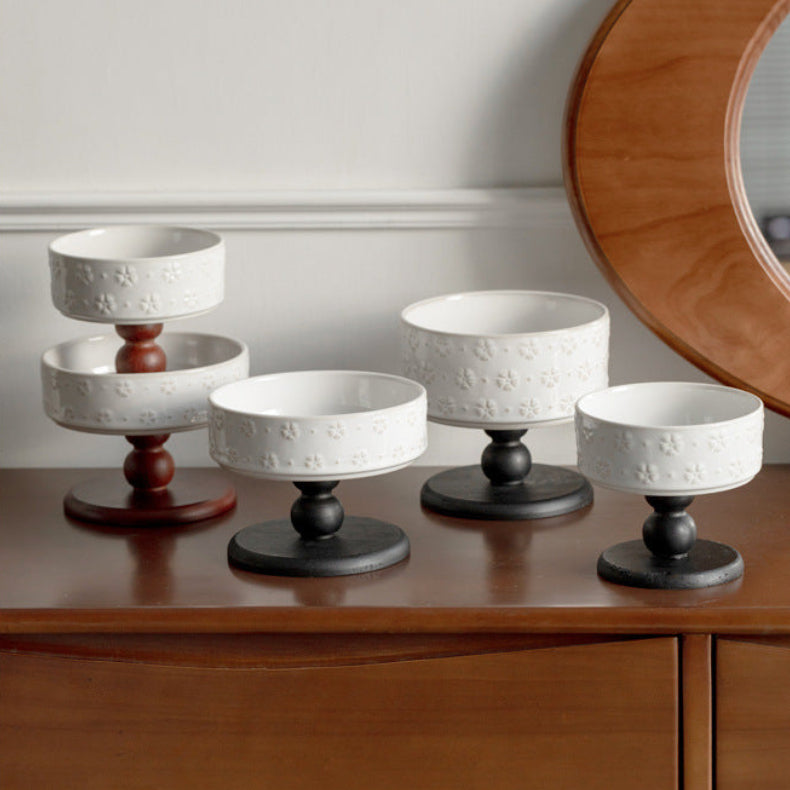 Snowflake Ceramic Pet Bowl with Wooden Base – Black Wood (Low Profile)