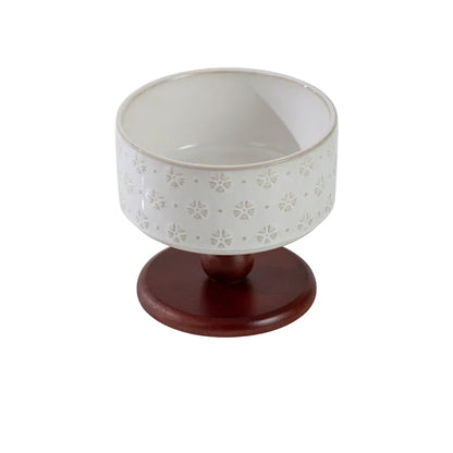 Snowflake Ceramic Pet Bowl with Wooden Base – Red Wood (Raised Profile)